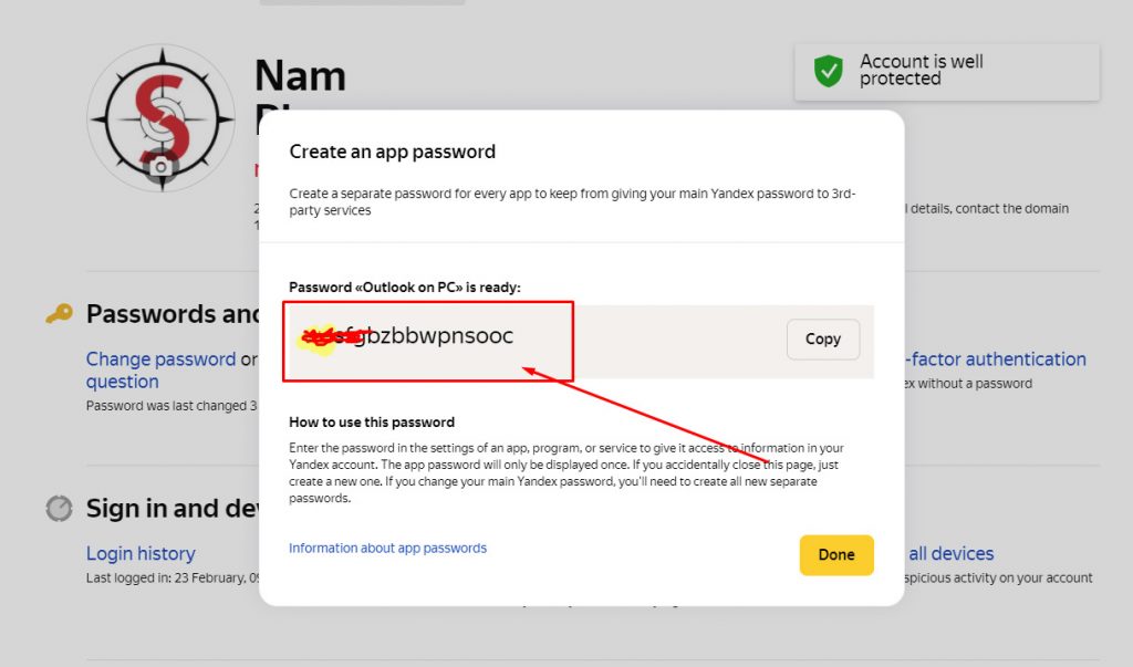 Như vậy là đã tạo được mật khẩu ứng dụng, nhớ lưu mật khẩu này để điền vào outlook